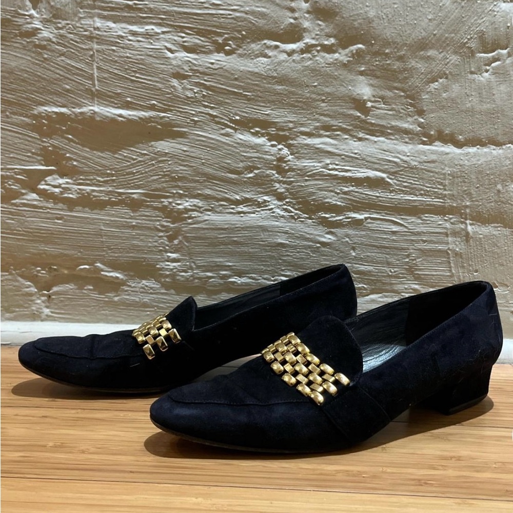 Vintage Italian Black Leather Loafers with Gold Chain Detail